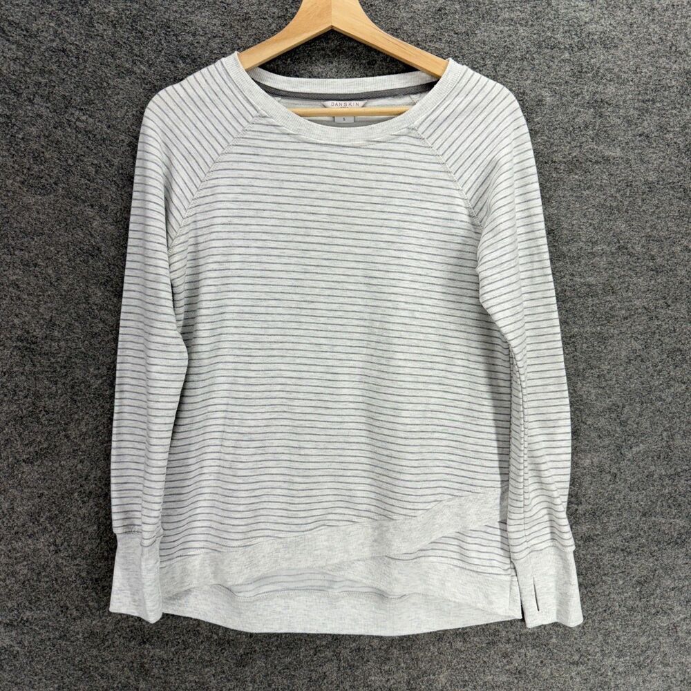 Danskin Sweatshirt Women S Small Gray Striped Long Sleeve Pullover Rayon Casual
